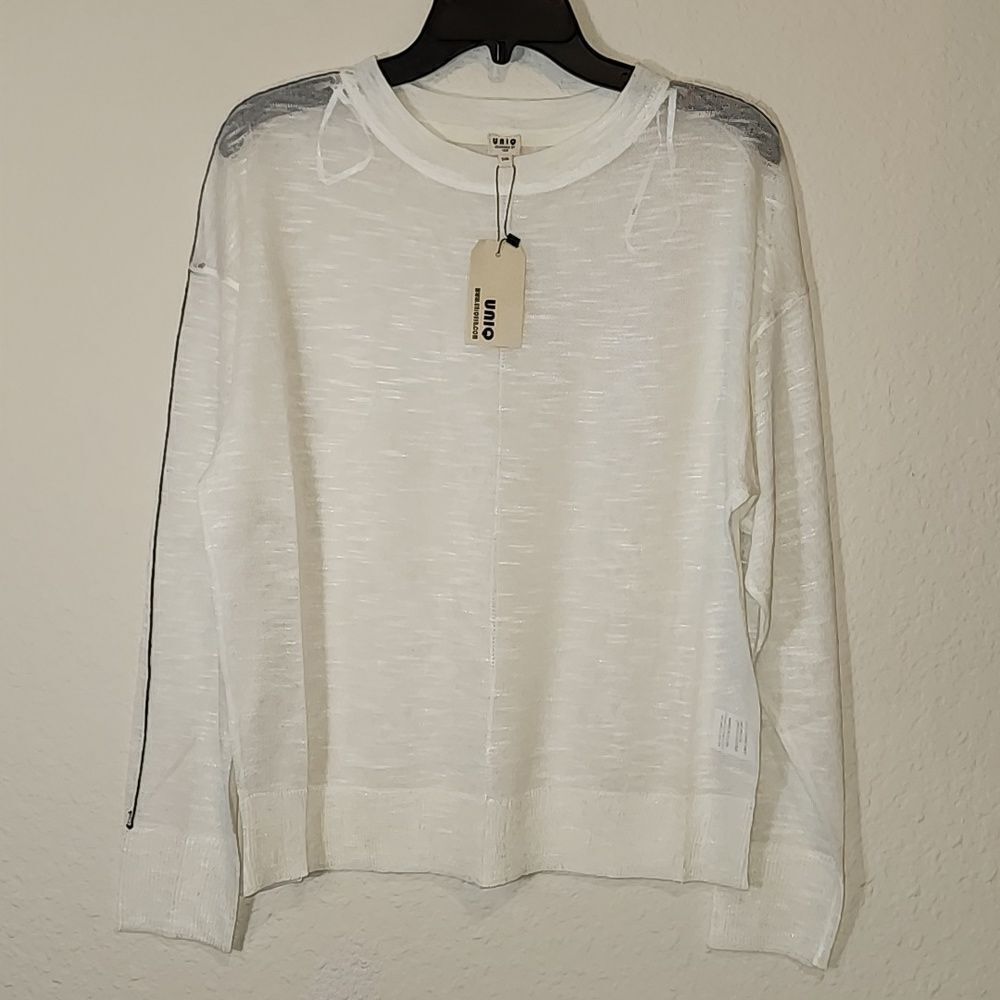 UNIQ New Women's Long Sleeve Top Round Neck See through Sheer Mesh Top Cream